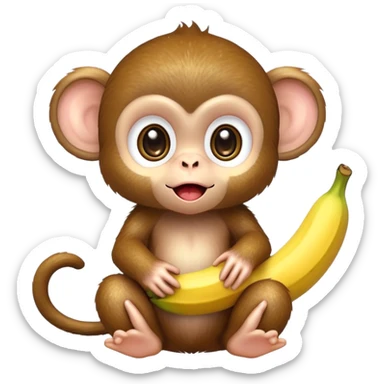 extremely adorable kawaii baby monkey with huge sparkly eyes peeling a banana sticker