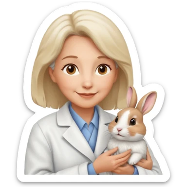Older female vet – gentle smile, coat, checking rabbit  sticker