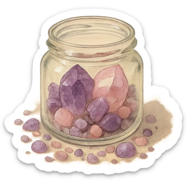 very realistic amethyst and rose quartz crystal pieces in an open glass jar, pretty small rough pebbles, mixed together, natural colors, soft, fairy-like atmosphere, no background, square size sticker