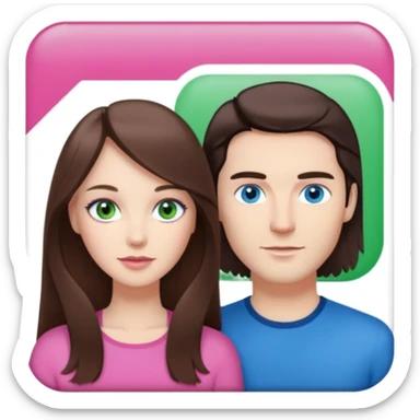 pink polaroid photo of a couple thats white with long brunette hair blue eyes and a white guy with short brunette hair and green eyes sticker