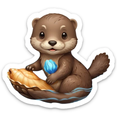 adorable otter floating on clearly visible blue water with waves, holding a shell sticker