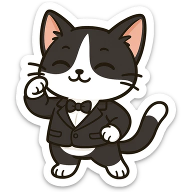 Make this cat a tuxedo cat with black and white fur, keep the playful chibi sticker style, with no background. sticker