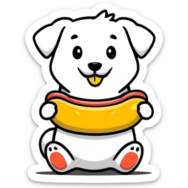 dog eating a suspicious hot dog sticker
