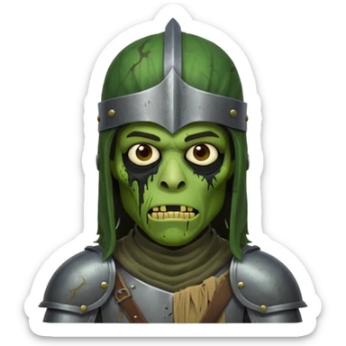 A black male with long black rough hair wearing a knight helmet with green zombie skin sticker