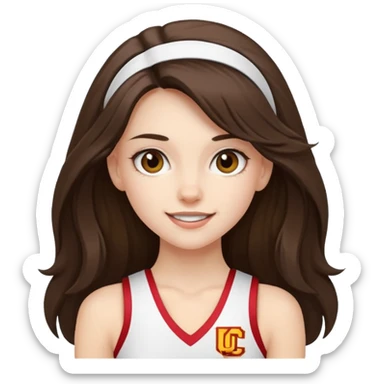 skinny white happy long haired brunette girl in a white USC cheerleader costume sticker