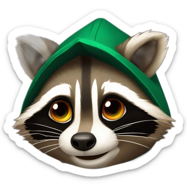 brown raccoon with orange eyes and a dark green hood that is crying sticker