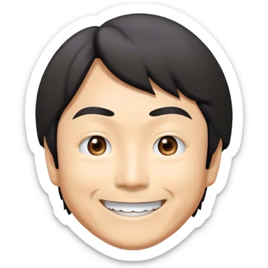 ​Cinematic Realistic Portrait of a Smiling Shigeru Miyamoto, depicted with warm, approachable features, showing a giant smile with expressive eyes, set against a subtle backdrop, inviting lighting that captures his innovative spirit sticker