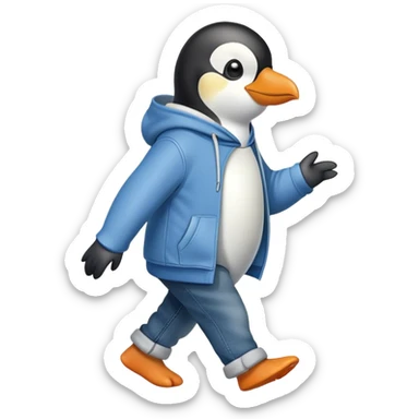 friendly anthropomorphised penguin in a hoodie and jeans brisk walking sticker