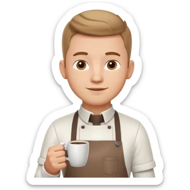 male barista portrait, head and shoulders only, wearing apron collar, holding a coffee cup, confident friendly expression, cafe worker vibe, 3D cartoon, mobile game icon style, clean background, no text, no watermark
 sticker
