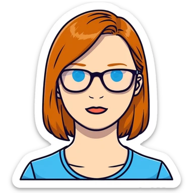 woman with pale skin, ginger straight hair, black glasses, blue eyes sticker