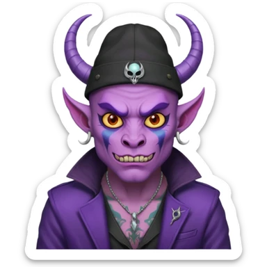 purple demon with tattoos, hat, jacket and horns sticker