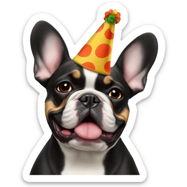Black-and-tan French bulldog wearing a clown hat sticker