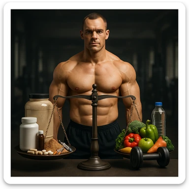 A 35-year-old bodybuilder con equilibrio su uso di sostanze e non. immagine iper realistica, fai una bilancia sticker