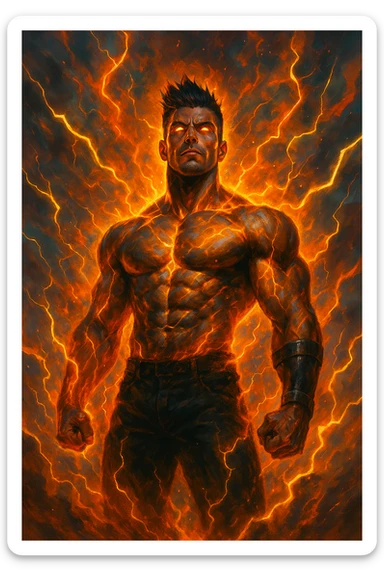 a muscular man with spiky hair stands in a powerful pose, surrounded by a glowing, fiery aura His eyes are intense and determined, and his body radiates energy and confidence. Lightning bolts and energy waves crackle around him, symbolizing a surge of testosterone and vitality. The background is dramatic, with swirling clouds and vibrant colors. sticker