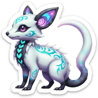 Rare neon iridescent white exotic cute epic aesthetic gothic colorful Salandit-Eevee-Civet-species-Fakemon-hybrid-creature, with intricate tattoo markings, full body sticker