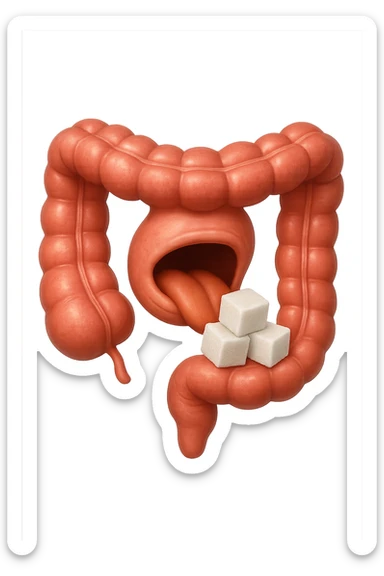 emoji stile iphone di un intestino anatomico che mangia zollette di zucchero, iperrealistico 4k, isolato su sfondo bianco sticker