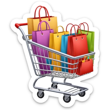 Carrinho de mercado cheio de compras femininas, com diversas maquiagens, roupas  sticker