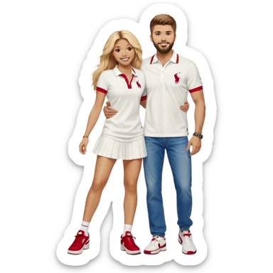 Shakira with blue eyes and her husband  Gerard pique with blue eyes holding her in his armsThey both laugh at each other its romantic&he wears a nice polo from Ralph Laurent in white& a nice baggy jeans with 97 Nike sneaker. She is wearing a romantic feminine short red dress with white open heels  sticker