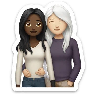 A lesbian couple with white skin and long black hair hugging intimately sticker