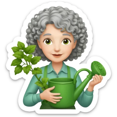 Older female florist – curly hair, hold garden watering pot sticker