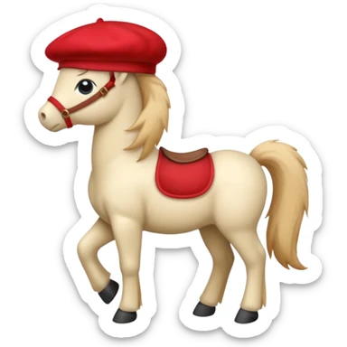 A cute pony (horse) emoji, full body, standing in side view, wearing a stylish red beret. sticker