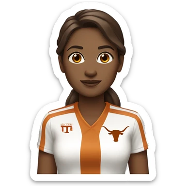 Brown hair, white skin, woman. Wearing University of Texas Longhorn clothes sticker