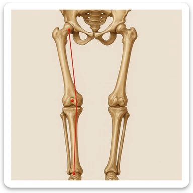 Hyperrealistic anatomical illustration 4K, rear view, 1:1 proportion, valgus knee (knock-knee) seen from the front, pelvis bones, femur, tibia, and fibula clearly highlighted, red mechanical axis line, realistic details, medical style, neutral background. sticker