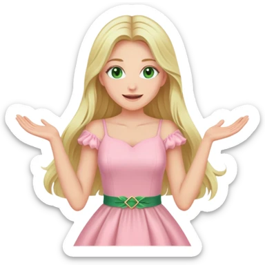 blonde with long hair and swamp green eyes rejoicing in a pink pastel dress sticker