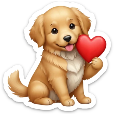 A dog holding a heart sticker