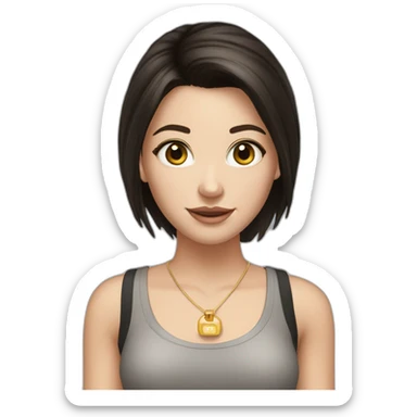 A white girl, with straight dark hair, with dark brown eyes, and she has to be smiling, with a black tank top, a golden hoop earring, holding a camera sticker