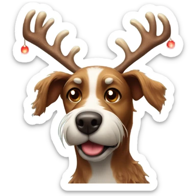 Brown scraggly dog with Christmas antler and red light up nose like Rudolph   sticker