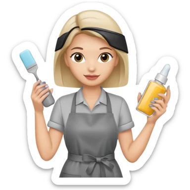 female nail master in grey apron with small gel polish in one hand and nail file in other  sticker