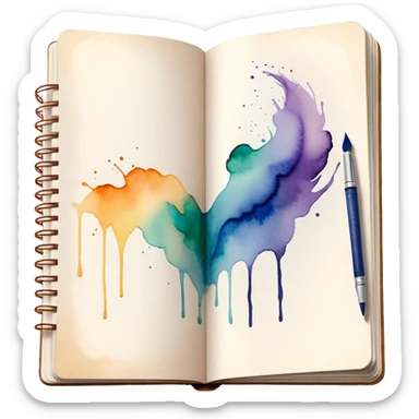 Cinematic Realistic image of an open sketchbook accompanied by a set of translucent watercolors, with delicate pigment stains and soft, flowing brushstrokes, captured under gentle, diffused lighting that highlights creative fluidity sticker