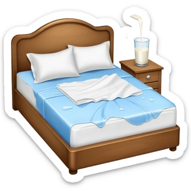 Bed with milk spilled on it and tossed sheets   sticker