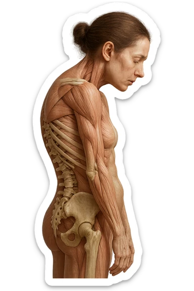 donna anatomica di profilo con spalle chiuse in avanti e postura storta, spina dorsale anatomica visibile, iperrealistico 4k sticker