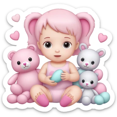 cute baby playing with pastel pink toys and plushies sticker