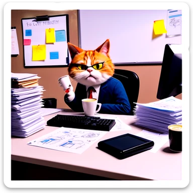 A cat that has been working tirelessly for days, now completely losing its mind. The cat sits at a cluttered desk covered in paperwork, coffee cups, and a flickering computer screen. Its fur is messy, eyes wide open with a crazed expression, and it has dark circles under its eyes. The cat’s tail is twitching erratically, and there are doodles of conspiracy theories on a whiteboard behind it. The atmosphere is chaotic, with papers flying, a spilled coffee cup, and a clock showing an absurd time. The lighting is dim, giving the scene an intense, slightly unhinged feel. sticker