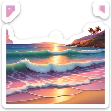 A tranquil seascape with warm-toned waves gently crashing onto the shore, bathed in the golden hues of a sunset. The sky is painted in vibrant oranges and pinks, with a serene, peaceful atmosphere and a distant horizon that adds depth to the beautiful scene. sticker