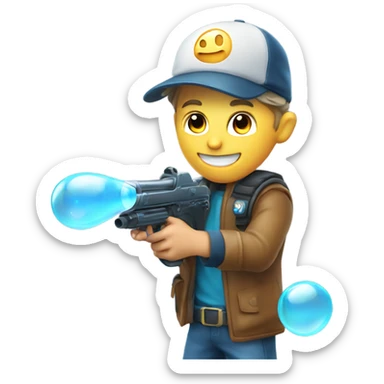 Caucasian boy in glowing gear with mask and hat and shooting a bubble gun sticker