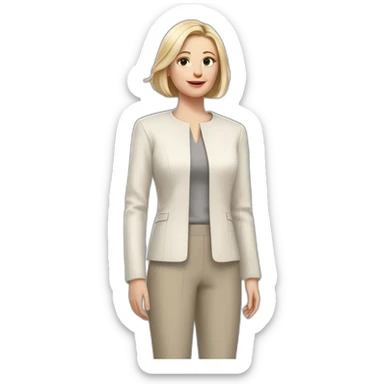 Full height Actively gesturing with hands pale skin woman with ash blonde Straightened bob Hair, White Spacious classical jacket, beige palazzo Arrow pants and gray blouse sticker