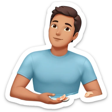 Relaxed floating man surrounded by circling foods: pieces of salmon, dark chocolate, almonds, and spinach leaves. These omega-3 and magnesium-rich foods glow softly as they orbit around him, creating a peaceful, weightless atmosphere. sticker