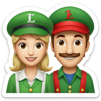 blonde female Luigi (with the Luigi green hat with an L on it) and a normal brown hair male Mario with the red hat with a M on it. They are friends just smiling sticker