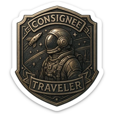 a metal insignia badge for a consignee traveler visitor, space scifi-futuristic cyberpunk futurepunk sticker