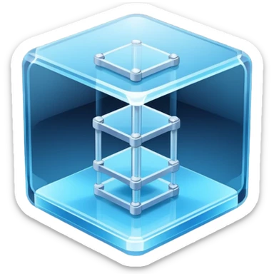 Isometric 3D transparent glass cube with rounded edges, corner bolts, and three floating server layers inside. Holographic panel on top. Cool blue tones on dark navy background.
 sticker