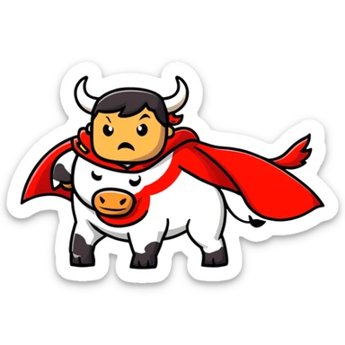 Matador in traditional costume waving red cape at angry bull sticker