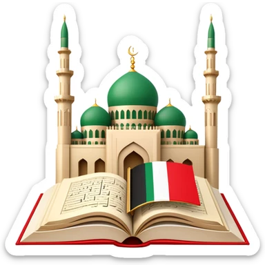 An icon featuring the mosque and the flag of United Arab Emirates, symbolizing the Arabic language. The design includes an open book with Arabic script and calligraphy, representing language learning and cultural heritage. Transparent background sticker