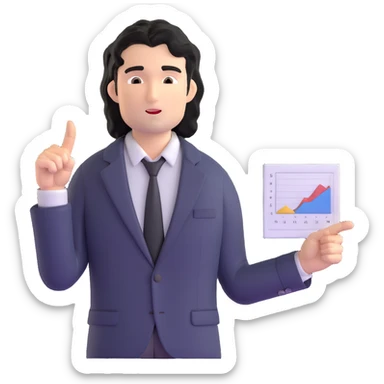 Business strategist man with black wavy hair, stubble, chiseled face, wearing blazer and button-up shirt, standing and pointing at charts while consulting with seated clients, confident leadership expression sticker