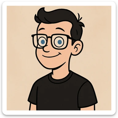 white boy, blue eyes, black glasses, black t-shirt, modern flat illustration style sticker