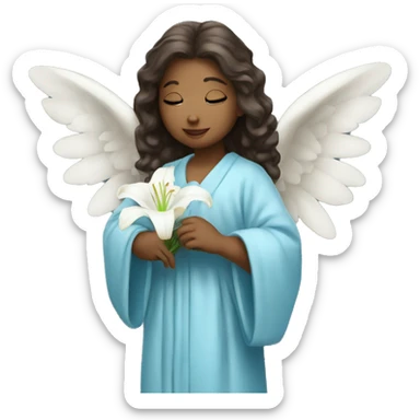 Angel in blue robe holding white lily sticker