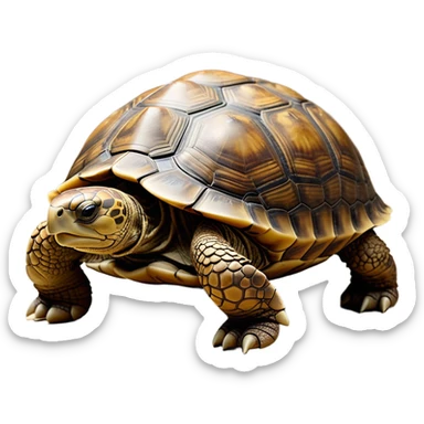 cinematic-tortoise-realistic-full-body-walking-emoji,-sturdy-domed-shell-in-rich-earthy-tones,-thick-scaled-legs-moving-slowly-but-deliberately,-wrinkled-wise-face-peering-ahead-with-calm-determination,-small-dark-eyes-reflecting-centuries-of-patience,-textured-leathery-skin-contrasting-with-the-hardness-of-its-shell,-simplified-yet-realistic-focused-features,-highly-detailed,-glowing-with-an-ancient-earthy-warmth sticker